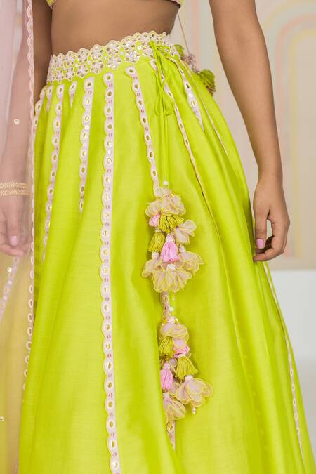 Shop Madzin Green , Chanderi Floral, Gota V Neck Embroidered Lehenga Set Online at Aza Fashions Shop_Madzin_Green , Chanderi Floral, Gota V Neck Embroidered Lehenga Set _Online_at_Aza_Fashions