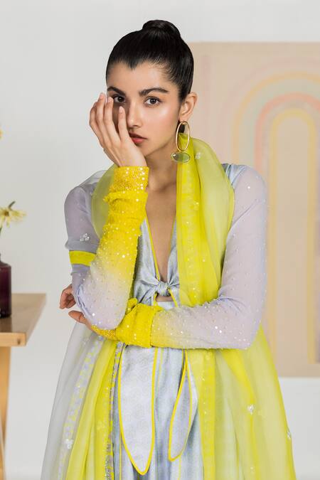 Madzin Blue , Satin, Chiffon Swirl V Neck Print Anarkali Set Online at Aza Fashions Madzin_Blue , Satin, Chiffon Swirl V Neck Print Anarkali Set _Online_at_Aza_Fashions