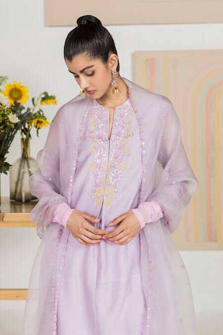 Madzin Purple Chiffon, Organza, Chanderi Floral Motifs Keyhole Kurta Set Online at Aza Fashions Madzin_Purple Chiffon, Organza, Chanderi Floral Motifs Keyhole Kurta Set _Online_at_Aza_Fashions