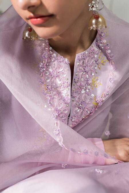 Madzin Purple Chiffon, Organza, Chanderi Floral Motifs Keyhole Kurta Set at Aza Fashions Madzin_Purple Chiffon, Organza, Chanderi Floral Motifs Keyhole Kurta Set _at_Aza_Fashions
