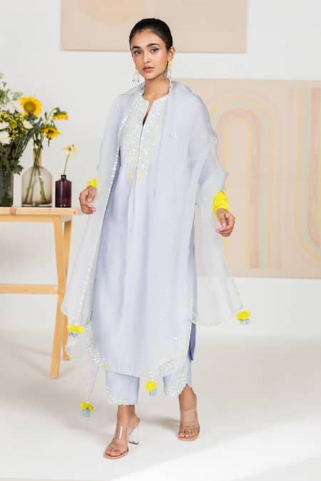 Madzin Blue Chiffon, Organza, Chanderi Floral Motifs Keyhole Kurta Set