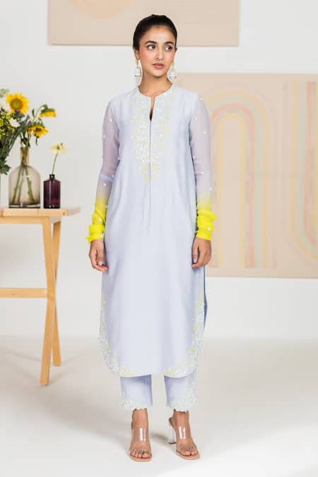 Shop Madzin Blue Chiffon, Organza, Chanderi Floral Motifs Keyhole Kurta Set at Aza Fashions Shop_Madzin_Blue Chiffon, Organza, Chanderi Floral Motifs Keyhole Kurta Set _at_Aza_Fashions