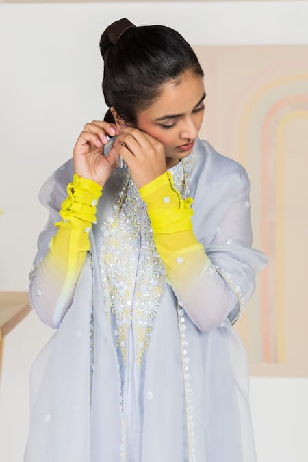 Madzin Blue Chiffon, Organza, Chanderi Floral Motifs Keyhole Kurta Set Online at Aza Fashions Madzin_Blue Chiffon, Organza, Chanderi Floral Motifs Keyhole Kurta Set _Online_at_Aza_Fashions
