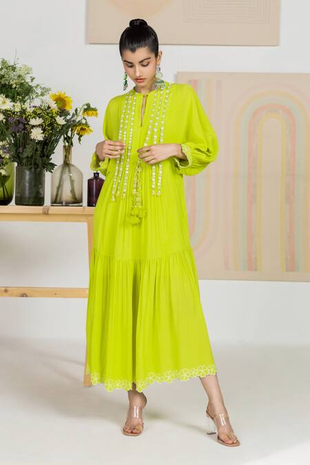 Shop Madzin Green Organza Floral Motifs Keyhole Tiered Dress at Aza Fashions Shop_Madzin_Green Organza Floral Motifs Keyhole Tiered Dress _at_Aza_Fashions