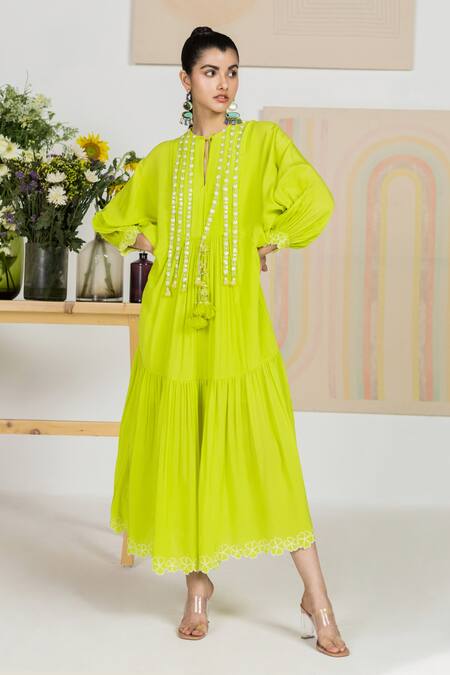 Madzin Green Organza Floral Motifs Keyhole Tiered Dress Online at Aza Fashions Madzin_Green Organza Floral Motifs Keyhole Tiered Dress _Online_at_Aza_Fashions