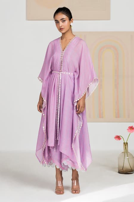 Madzin Purple Silk Crepe Swirl V Neck Printed Kaftan