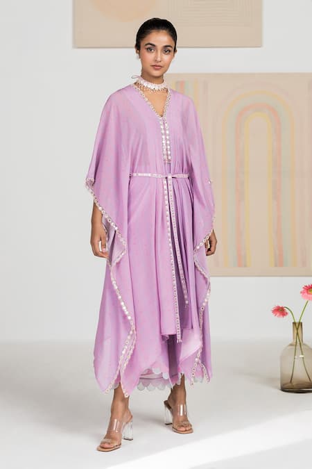 Madzin Purple Silk Crepe Swirl V Neck Printed Kaftan Online at Aza Fashions Madzin_Purple Silk Crepe Swirl V Neck Printed Kaftan _Online_at_Aza_Fashions