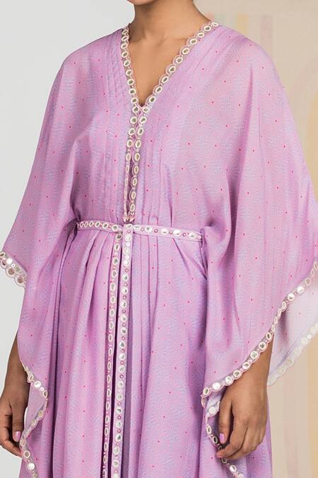 Buy Madzin Purple Silk Crepe Swirl V Neck Printed Kaftan Online at Aza Fashions Buy_Madzin_Purple Silk Crepe Swirl V Neck Printed Kaftan _Online_at_Aza_Fashions
