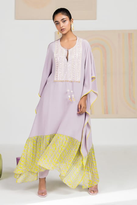 Madzin Purple Silk Crepe Printed Floral Round Hem Kaftan