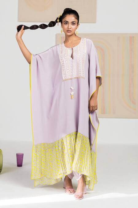 Buy_Madzin_Purple Silk Crepe Printed Floral Round Hem Kaftan _Online_at_Aza_Fashions