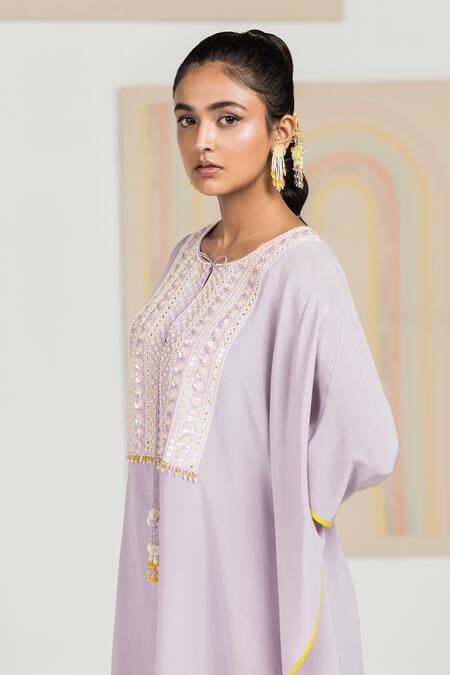 Shop_Madzin_Purple Silk Crepe Printed Floral Round Hem Kaftan _Online_at_Aza_Fashions