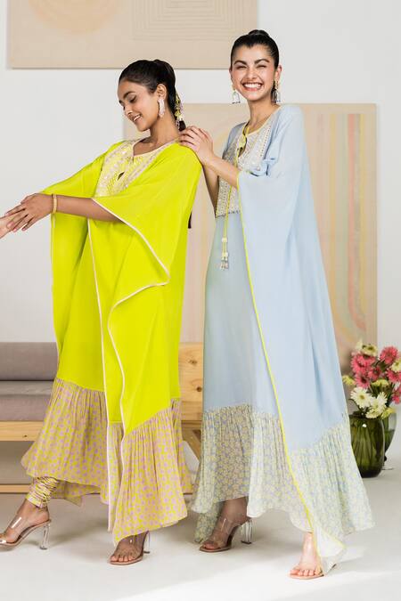 Shop Madzin Green Silk Crepe Bead Work, Floral Print Round Hem Kaftan at Aza Fashions Shop_Madzin_Green Silk Crepe Bead Work, Floral Print Round Hem Kaftan _at_Aza_Fashions