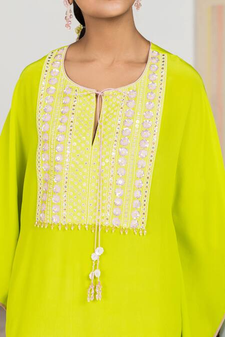 Buy Madzin Green Silk Crepe Bead Work, Floral Print Round Hem Kaftan Online at Aza Fashions Buy_Madzin_Green Silk Crepe Bead Work, Floral Print Round Hem Kaftan _Online_at_Aza_Fashions