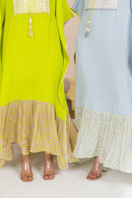 Shop Madzin Green Silk Crepe Bead Work, Floral Print Round Hem Kaftan Online at Aza Fashions Shop_Madzin_Green Silk Crepe Bead Work, Floral Print Round Hem Kaftan _Online_at_Aza_Fashions