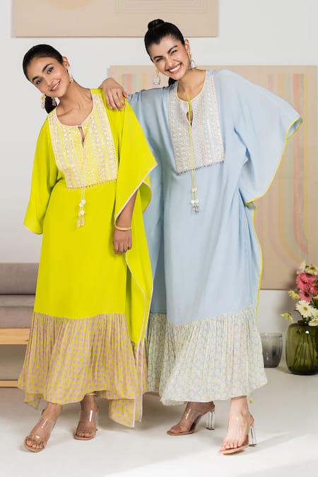 Madzin Blue Silk Crepe Printed Floral Round Hem Kaftan Online at Aza Fashions Madzin_Blue Silk Crepe Printed Floral Round Hem Kaftan _Online_at_Aza_Fashions