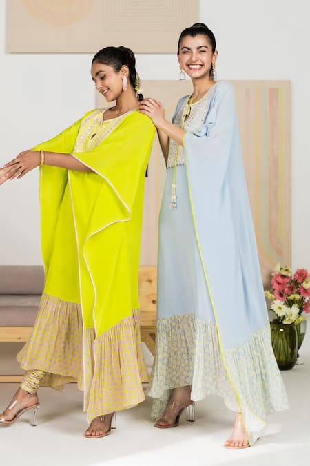 Shop Madzin Blue Silk Crepe Printed Floral Round Hem Kaftan at Aza Fashions Shop_Madzin_Blue Silk Crepe Printed Floral Round Hem Kaftan _at_Aza_Fashions