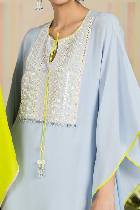 Shop Madzin Blue Silk Crepe Printed Floral Round Hem Kaftan Online at Aza Fashions Shop_Madzin_Blue Silk Crepe Printed Floral Round Hem Kaftan _Online_at_Aza_Fashions