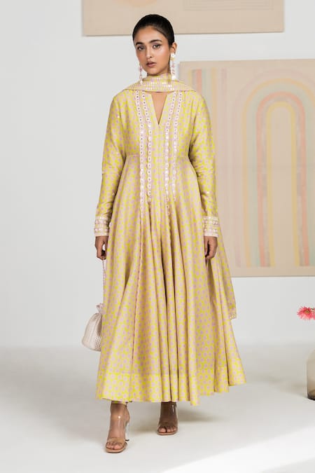 Madzin_Green Anarkali Silk Churidar Dupatta Periwinkle Set _Online_at_Aza_Fashions