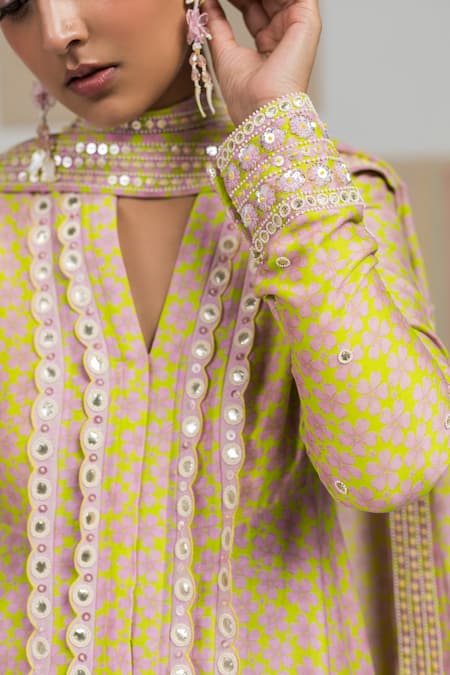 Shop_Madzin_Green Anarkali Silk Churidar Dupatta Periwinkle Set _Online_at_Aza_Fashions