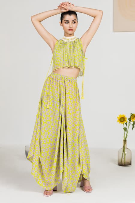 Shop Madzin Green Chanderidhoti Skirt Silk Crepe, Crop Top Chiffon Bead Work, And Dhoti Set at Aza Fashions Shop_Madzin_Green Chanderidhoti Skirt Silk Crepe, Crop Top Chiffon Bead Work, And Dhoti Set _at_Aza_Fashions