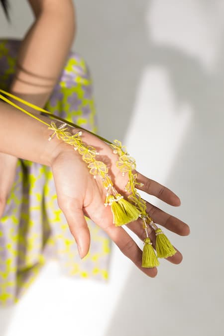 Shop Madzin Green Chanderidhoti Skirt Silk Crepe, Crop Top Chiffon Bead Work, And Dhoti Set Online at Aza Fashions Shop_Madzin_Green Chanderidhoti Skirt Silk Crepe, Crop Top Chiffon Bead Work, And Dhoti Set _Online_at_Aza_Fashions