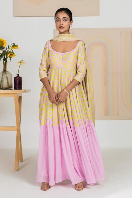 Madzin Purple Anarkali Chanderi, Georgette Dupattaflat Chiffon Floral Print, Set