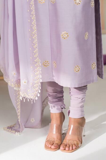Buy_Madzin_Purple Chanderi, Chikankari, Silk Chiffon Floral Motifs V Embroidered Kurta Set _Online_at_Aza_Fashions