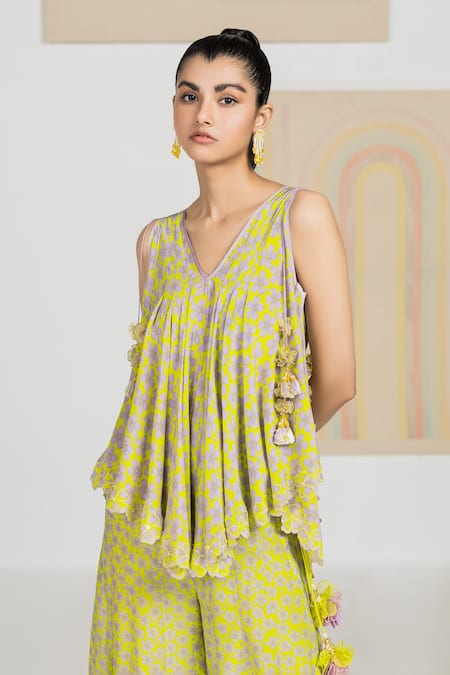 Madzin Green , Top Flat Sharara Floral Print One And Set