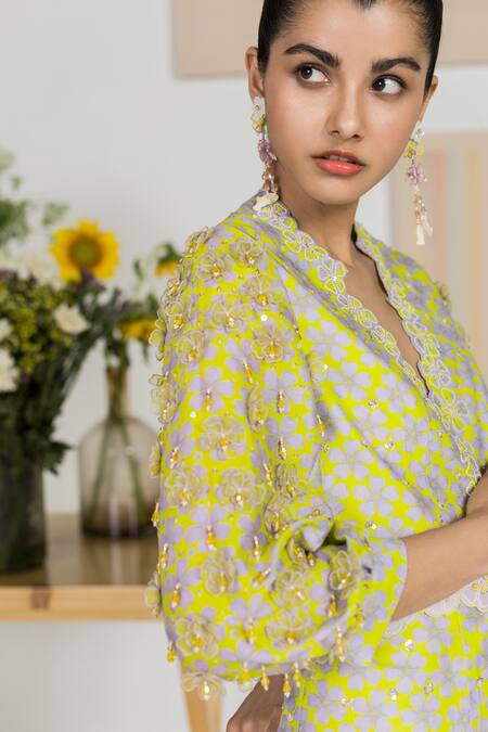 Buy Madzin Green Jacket Silk Chanderi Bead Work, Floral Print, 3d Applique V With Belt Online at Aza Fashions Buy_Madzin_Green Jacket Silk Chanderi Bead Work, Floral Print, 3d Applique V With Belt _Online_at_Aza_Fashions