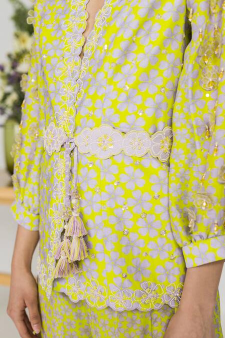 Madzin Green Jacket Silk Chanderi Bead Work, Floral Print, 3d Applique V With Belt at Aza Fashions Madzin_Green Jacket Silk Chanderi Bead Work, Floral Print, 3d Applique V With Belt _at_Aza_Fashions