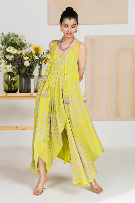 Madzin Green Silk Crepe Floral Print V Neck Periwinkle Dress