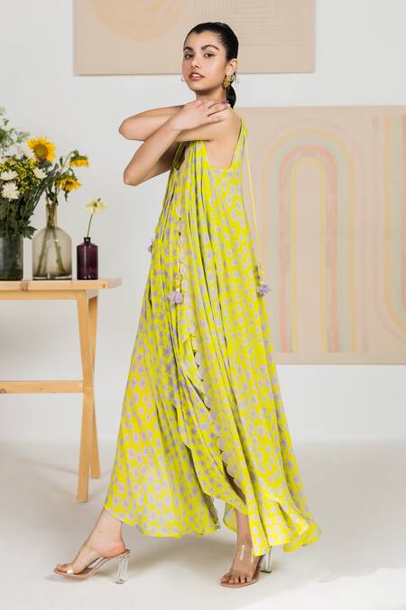 Shop Madzin Green Silk Crepe Floral Print V Neck Periwinkle Dress at Aza Fashions Shop_Madzin_Green Silk Crepe Floral Print V Neck Periwinkle Dress _at_Aza_Fashions