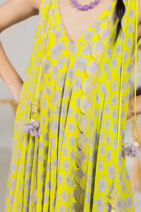 Shop Madzin Green Silk Crepe Floral Print V Neck Periwinkle Dress Online at Aza Fashions Shop_Madzin_Green Silk Crepe Floral Print V Neck Periwinkle Dress _Online_at_Aza_Fashions