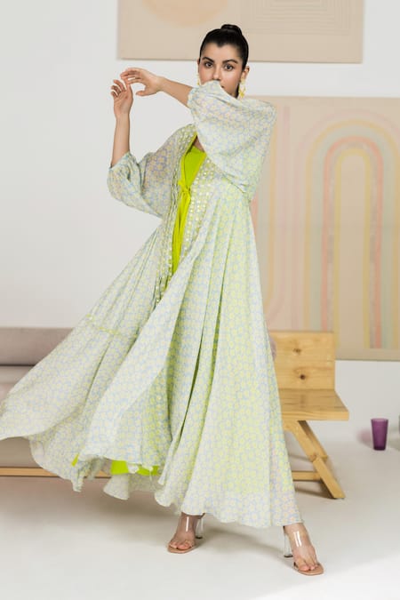 Shop Madzin Blue Jacket Chiffon Printed Floral V Neck And Dress Set at Aza Fashions Shop_Madzin_Blue Jacket Chiffon Printed Floral V Neck And Dress Set _at_Aza_Fashions