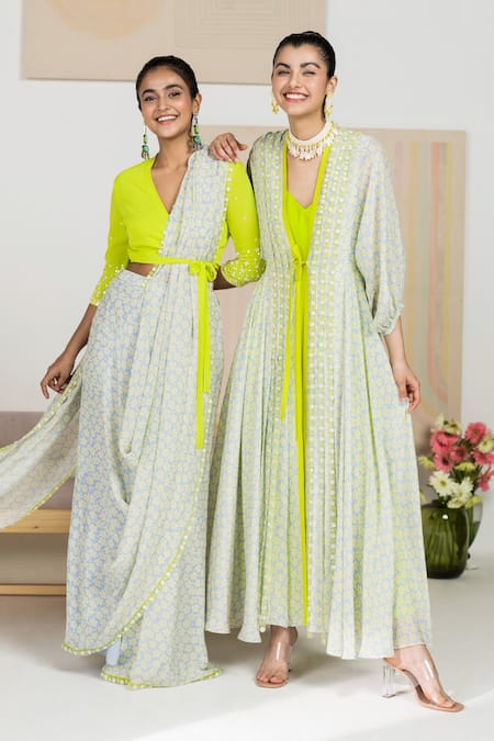 Madzin Blue Jacket Chiffon Printed Floral V Neck And Dress Set