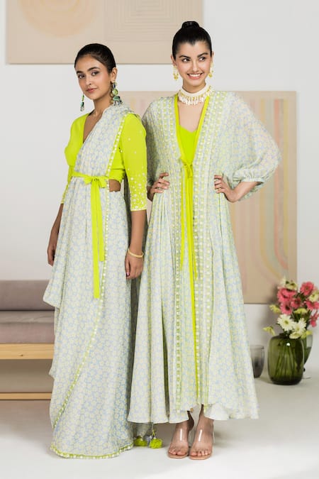 Madzin Blue Jacket Chiffon Printed Floral V Neck And Dress Set Online at Aza Fashions Madzin_Blue Jacket Chiffon Printed Floral V Neck And Dress Set _Online_at_Aza_Fashions