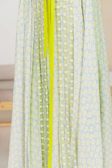 Shop Madzin Blue Jacket Chiffon Printed Floral V Neck And Dress Set Online at Aza Fashions Shop_Madzin_Blue Jacket Chiffon Printed Floral V Neck And Dress Set _Online_at_Aza_Fashions