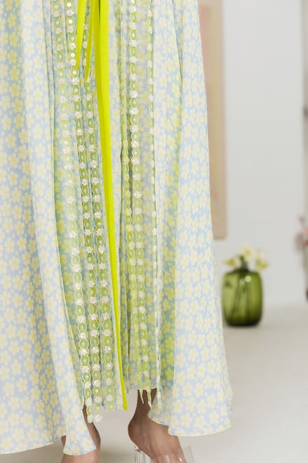 Madzin Blue Jacket Chiffon Printed Floral V Neck And Dress Set at Aza Fashions Madzin_Blue Jacket Chiffon Printed Floral V Neck And Dress Set _at_Aza_Fashions