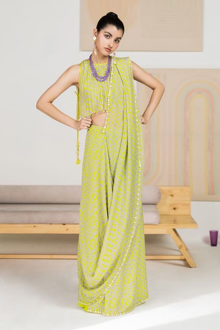 Madzin Green Organza Blouse Flat , Saree Periwinkle Pre-draped With