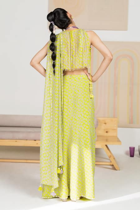 Shop Madzin Green Organza Blouse Flat , Saree Periwinkle Pre-draped With at Aza Fashions Shop_Madzin_Green Organza Blouse Flat , Saree Periwinkle Pre-draped With _at_Aza_Fashions