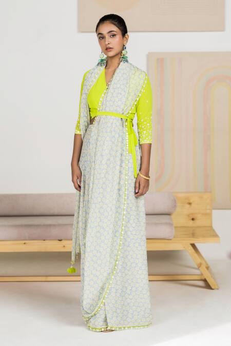 Buy Madzin Blue Organza Blouse Stretch Georgette, Saree Chiffon Floral Pre-draped With Online at Aza Fashions Buy_Madzin_Blue Organza Blouse Stretch Georgette, Saree Chiffon Floral Pre-draped With _Online_at_Aza_Fashions