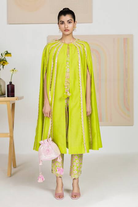 Madzin_Green Crop Top Pant Cape Silk Floral Print, Set _Online_at_Aza_Fashions