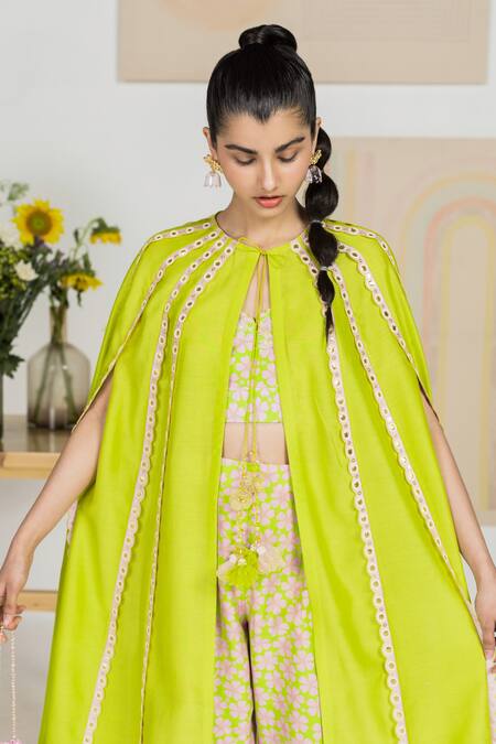 Buy_Madzin_Green Crop Top Pant Cape Silk Floral Print, Set _Online_at_Aza_Fashions