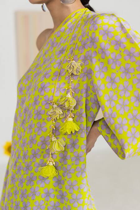 Madzin_Green Tunic Silk Crepedhoti Skirt Crepe Floral Print Periwinkle And Dhoti Set _at_Aza_Fashions