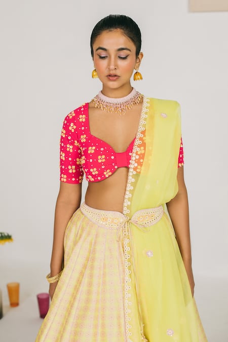 Shop Madzin Pink , Georgette, Organza Gota, Embroidered Blouse With Lehenga Set at Aza Fashions Shop_Madzin_Pink , Georgette, Organza Gota, Embroidered Blouse With Lehenga Set _at_Aza_Fashions