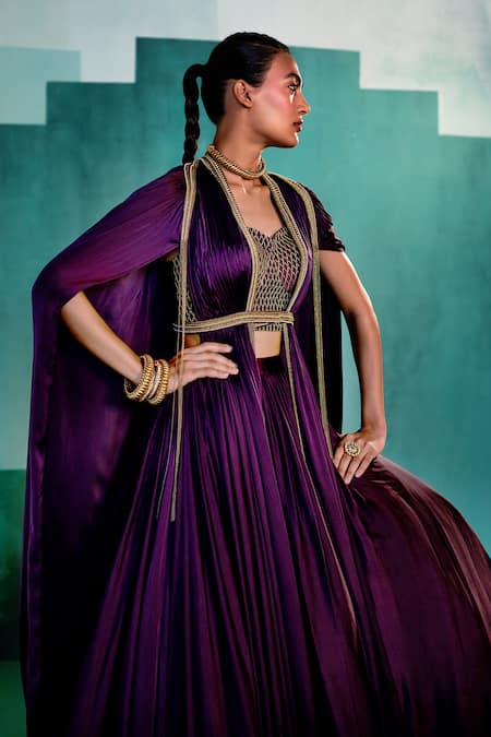 Agunj By Gunjan Arora Purple Pure Fine Satin Lining Shantoon Thread And Beads Draped Cape & Skirt Set Online at Aza Fashions Agunj By Gunjan Arora_Purple Pure Fine Satin Lining Shantoon Thread And Beads Draped Cape & Skirt Set_Online_at_Aza_Fashions