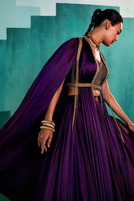 Buy Agunj By Gunjan Arora Purple Pure Fine Satin Lining Shantoon Thread And Beads Draped Cape & Skirt Set Online at Aza Fashions Buy_Agunj By Gunjan Arora_Purple Pure Fine Satin Lining Shantoon Thread And Beads Draped Cape & Skirt Set_Online_at_Aza_Fashions