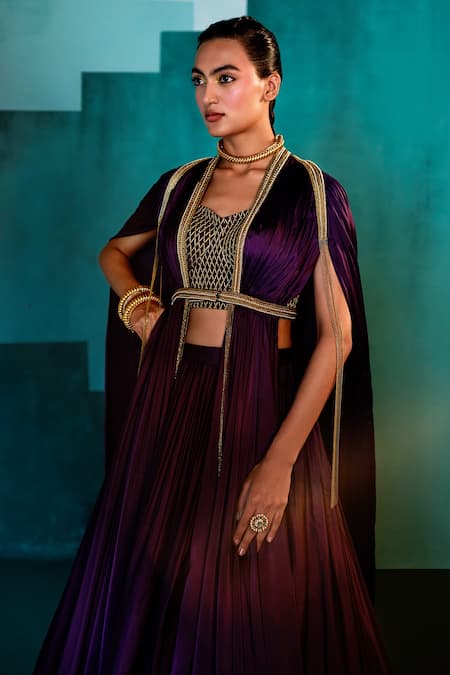 Shop Agunj By Gunjan Arora Purple Pure Fine Satin Lining Shantoon Thread And Beads Draped Cape & Skirt Set Online at Aza Fashions Shop_Agunj By Gunjan Arora_Purple Pure Fine Satin Lining Shantoon Thread And Beads Draped Cape & Skirt Set_Online_at_Aza_Fashions