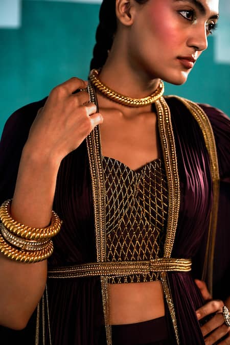 Agunj By Gunjan Arora Purple Pure Fine Satin Lining Shantoon Thread And Beads Draped Cape & Skirt Set at Aza Fashions Agunj By Gunjan Arora_Purple Pure Fine Satin Lining Shantoon Thread And Beads Draped Cape & Skirt Set_at_Aza_Fashions