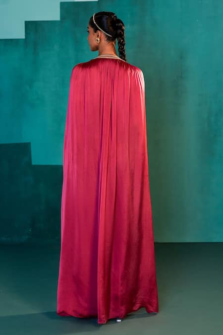 Shop Agunj By Gunjan Arora Pink Silk And Satin Lining Shantoon Beads & Cape & Jumpsuit Set at Aza Fashions Shop_Agunj By Gunjan Arora_Pink Silk And Satin Lining Shantoon Beads & Cape & Jumpsuit Set_at_Aza_Fashions